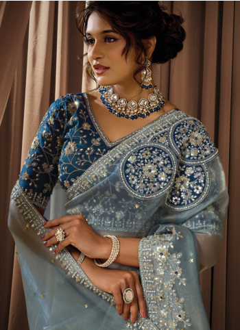 Ice Blue Embroidered Organza Saree