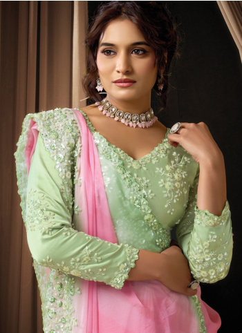 Pink And Pista Green Embroidered Chiffon Saree