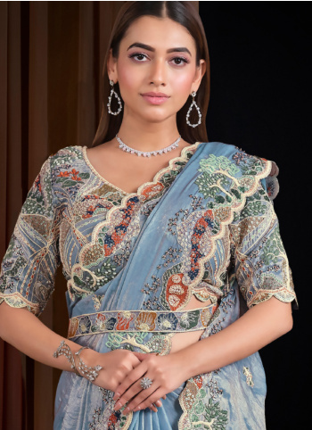 Steel Blue Embroidered Organza Saree