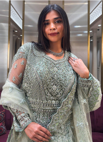 Green Color Embroidered Net Gown For Wedding