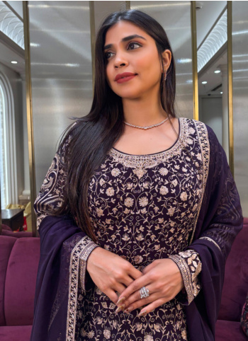 Wine Embroidered Chiffon Gown With Dupatta