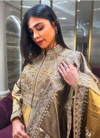 Golden Color Embroidered Georgette Gown With Dupatta