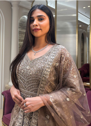 Beige Color Heavy Embroidered Net Gown With Dupatta