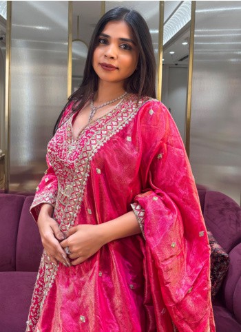 Rani Embroidered Silk Gown With Dupatta