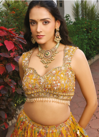 Mustard Yellow Embroidered Silk Lehenga Choli