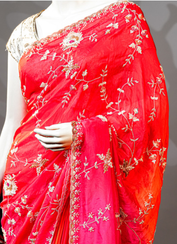 Pink And Orange Embroidered Organza Silk Saree