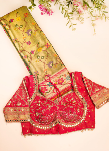 Golden And Green Embroidered Kanjivaram Saree