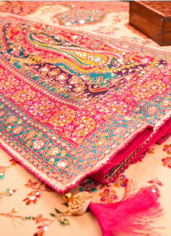 Cream Embroidered Satin Silk Saree