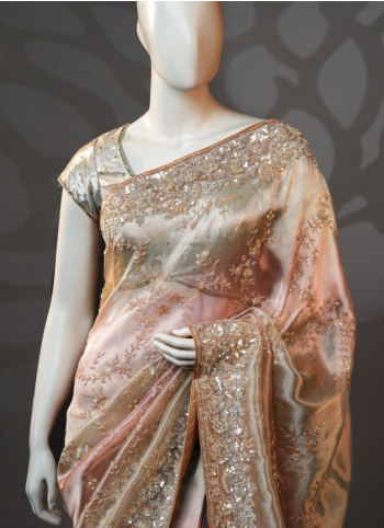 Golden Shaded Embroidered Tissue Silk Saree