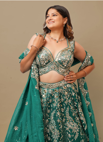 Rama Green Embroidered Raw Silk Lehenga Choli