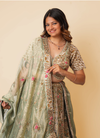 Pista Green Embroidered Tissue Silk Lehenga Choli