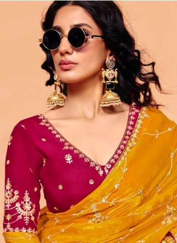 Mustard Yellow Embroidered Organza Saree