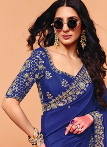 Royal Blue Embroidered Chiffon Silk Saree