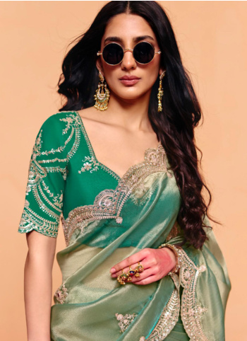 Sea Green Embroidered Tissue Silk Saree