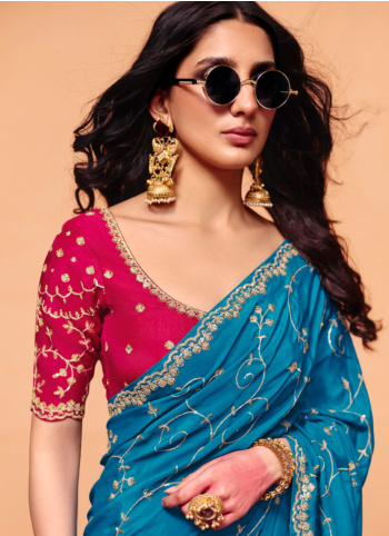 Blue Embroidered Chiffon Silk Saree