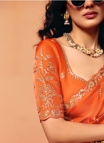 Orange Embroidered Organza Saree