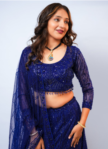 Royal Blue Embroidered Net Lehenga Choli