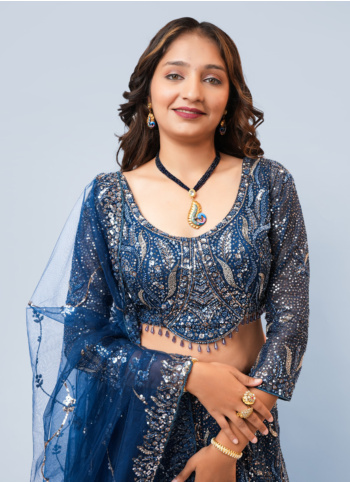 Blue Embroidered Net Lehenga Choli