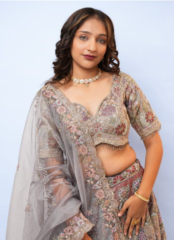 Grey Embroidered Tissue Lehenga Choli