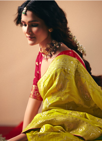 Lemon Yellow Woven Banarasi Silk Saree