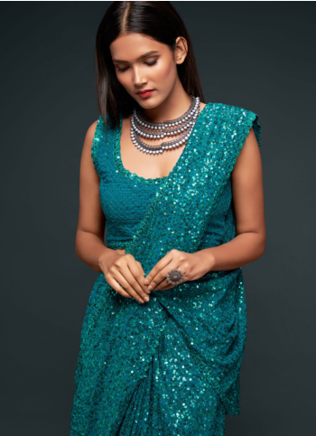 Teal Blue Embroidered Sequins Embroidered Georgette Saree