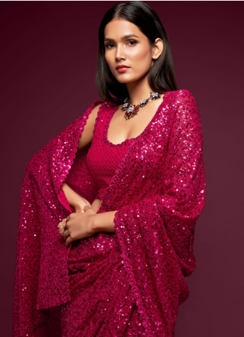 Hot Pink Embroidered Georgette Saree