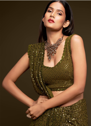 Olive Green Sequins Embroidered Georgette Saree