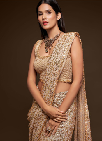 Ivory Color Sequins Embroidered Georgette Saree