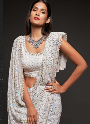 Pearl White Sequins Embroidered Georgette Saree