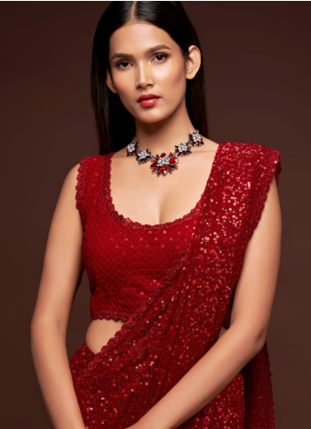 Red Sequins Embroidered Georgette Saree