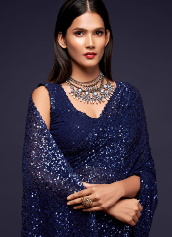 Blue Embroidered Georgette Saree