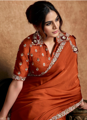 Rust Color Embroidered Satin Silk Saree