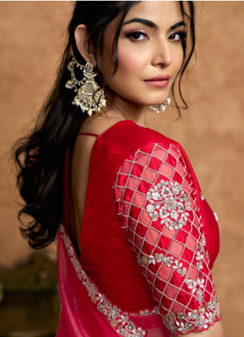 Red Embroidered Organza Sailk Saree