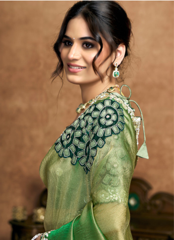 Olive Color Embroidered Organza Silk Saree