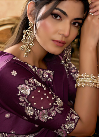 Wine Color Embroidered Satin Silk Saree