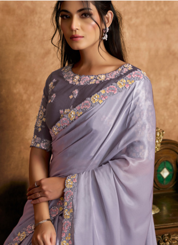 Lavender Embroidered Satin Saree
