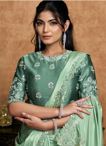 Sea Green Embroidered Satin Saree