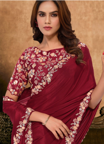 Maroon Color Embroidered Satin Saree