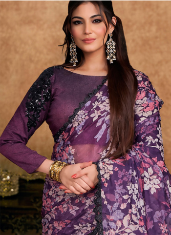 Purple Embroidered Organza Silk Saree