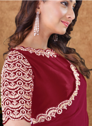 Magenta Embroidered Satin Silk Saree