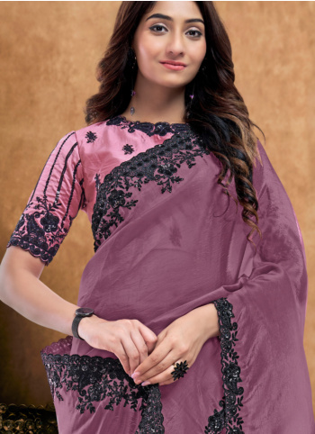 Mauve Color Embroidered Satin Saree