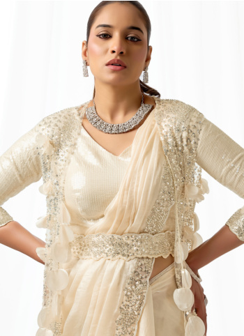 Cream Embroidered Satin Silk Saree