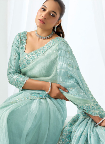Sea Green Embroidered Organza Satin Saree
