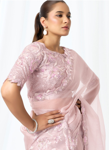 Dusty Rose Embroidered Organza Satin Saree
