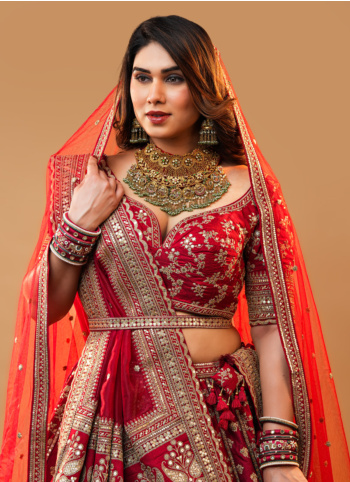 Stunning Red And Maroon Heavy Embroidered Raw Silk Lehenga Choli With Two Dupattas