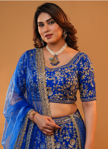 Royal Blue Embroidered Raw Silk Lehenga Choli