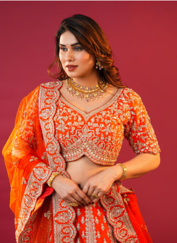 Orange Embroidered Raw Silk Bridel Lehenga Choli