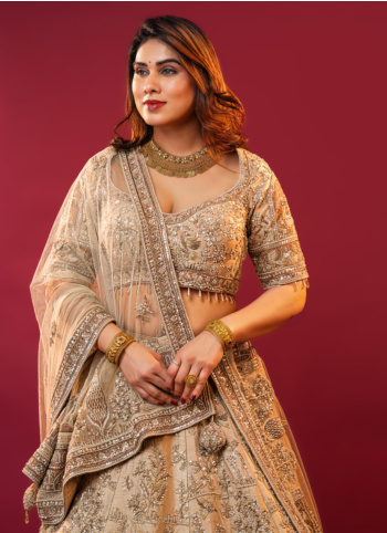 Gorgeous Beige Hand Embroidered Raw Silk Bridal Lehenga Choli
