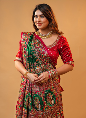 Red And Green Embroidered Gajji Silk Saree