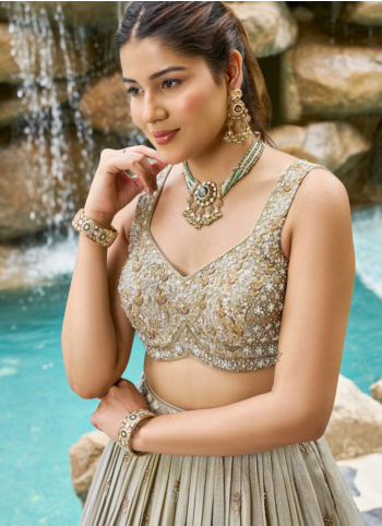Grey Embroidered Lehenga Choli In Silk